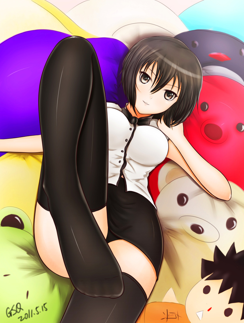 black_legwear black_panties blood bowtie breasts brown_eyes brown_hair denpa_onna_to_seishun_otoko doll feet foreshortening gsq highres legs long_legs maekawa miniskirt nosebleed on_back panties pantyshot short_hair skirt sleeveless smile solo stuffed_animal stuffed_toy taut_shirt thigh-highs thighhighs thighs underwear zettai_ryouiki