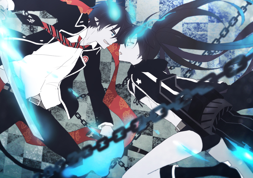 1girl ao_no_exorcist arm_cannon battle belt bikini_top black_hair black_rock_shooter black_rock_shooter_(character) blue_eyes blue_flame boots chain chains checkered coat crossover fang fire flame glowing glowing_eyes glowing_weapon katana kurot long_hair male midriff navel necktie okumura_rin open_mouth pale_skin pointy_ears scabbard school_uniform sheath short_hair shorts smile star striped striped_necktie sword twintails very_long_hair weapon