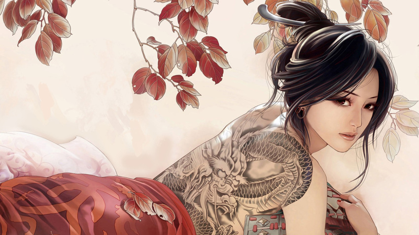 back backpiece black_hair brown_eyes dragon earrings eastern_dragon full_body_tattoo hair_ornament highres jewelry jianxia_qingyuan_3 jpeg_artifacts leaf lips lying naked_sheet official_art on_stomach realistic solo tattoo topless wallpaper zhang_xiaobai