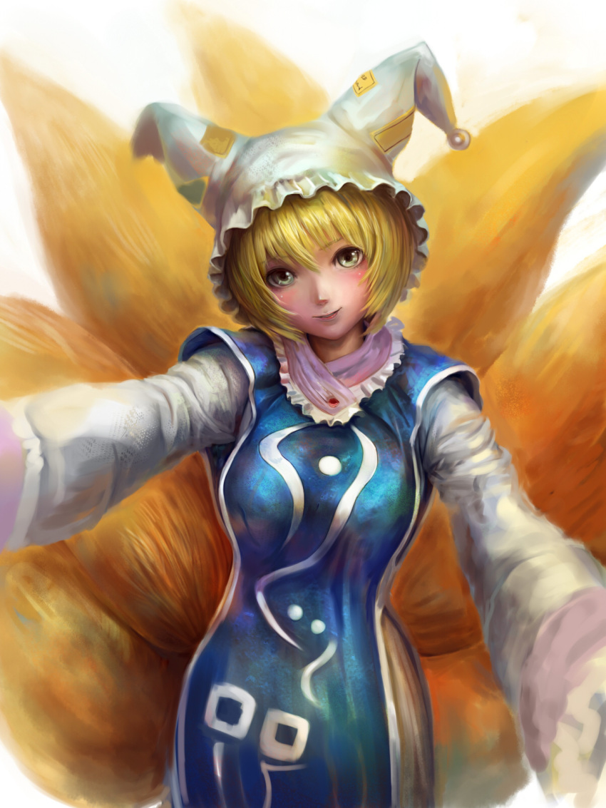 blonde_hair blush curvy face fox_tail green_eyes hat highres lips multiple_tails occult_soda outstretched_arms short_eyes short_hair smile solo spread_arms tail touhou yakumo_ran