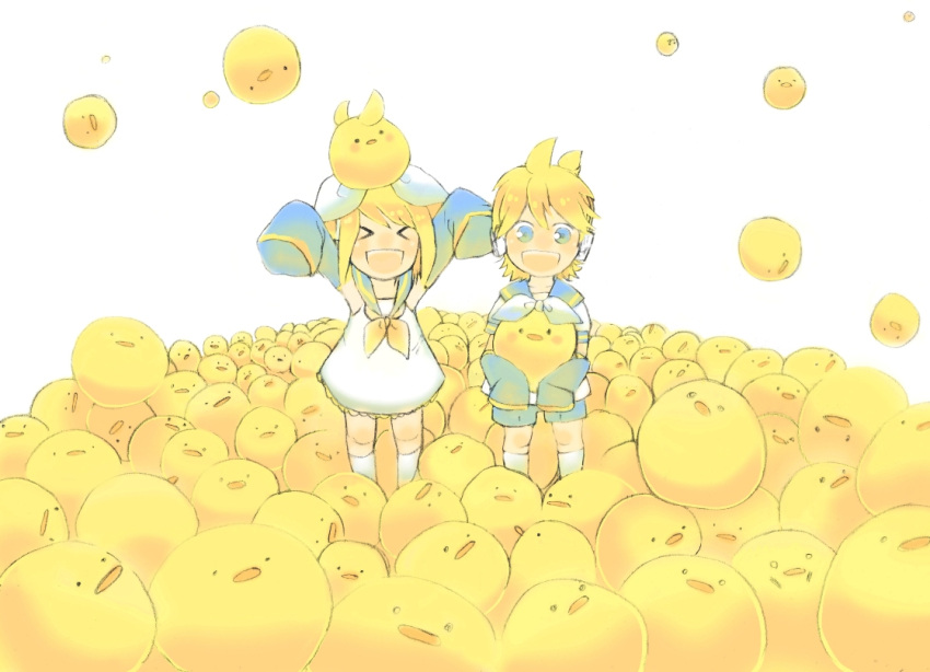 &gt;_&lt; aqua_eyes arms_up asukin bird blonde_hair brother_and_sister chibi chick detached_sleeves hair_ribbon kagamine_len kagamine_rin open_mouth ribbon sailor_dress short_hair shorts siblings sleeves_past_wrists smile too_many twins vocaloid