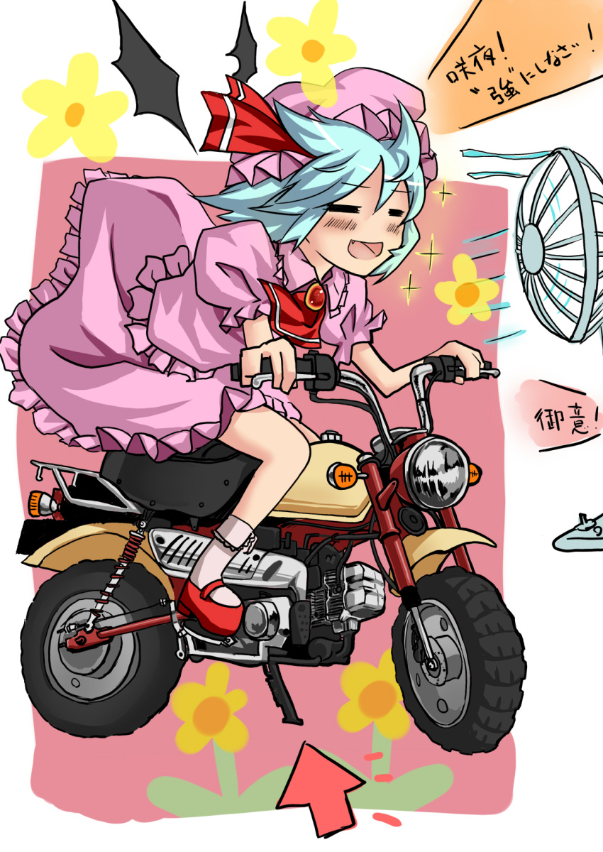 =_= bad_id blue_hair closed_eyes electric_fan eyes_closed fang fanning_face flower highres motor_vehicle motorcycle nemo_(marmeid331) remilia_scarlet smile solo touhou translated translation_request vehicle wings