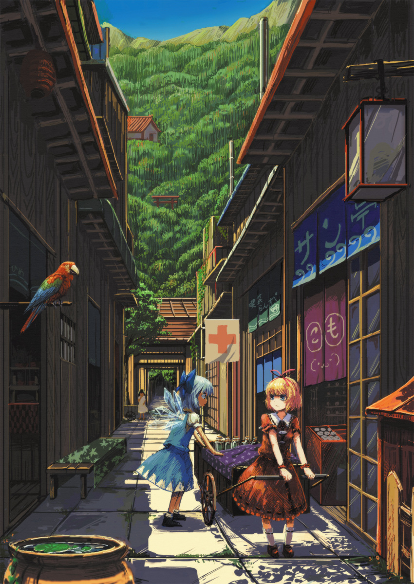 2girls :3 animal bird blue_eyes blue_hair blush cart cirno dress forest highres inaba_tewi jar macaw medicine_melancholy multiple_girls nature outdoors parrot ranka_(tonbo) red-and-green_macaw red_cross scenery short_hair street torii touhou wings
