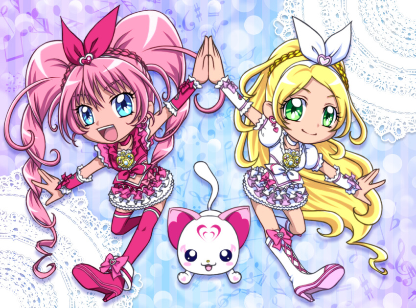 2girls blonde_hair blue_eyes boots braid brooch cat choker cure_melody cure_rhythm curly_hair dress frills green_eyes hair_ribbon hairband happy heart houjou_hibiki hummy_(suite_precure) jewelry lace long_hair magical_girl minamino_kanade multiple_girls musical_note pink_hair pink_legwear precure ribbon shoes smile star_line suite_precure symmetry thigh-highs thighhighs twintails wrist_cuffs