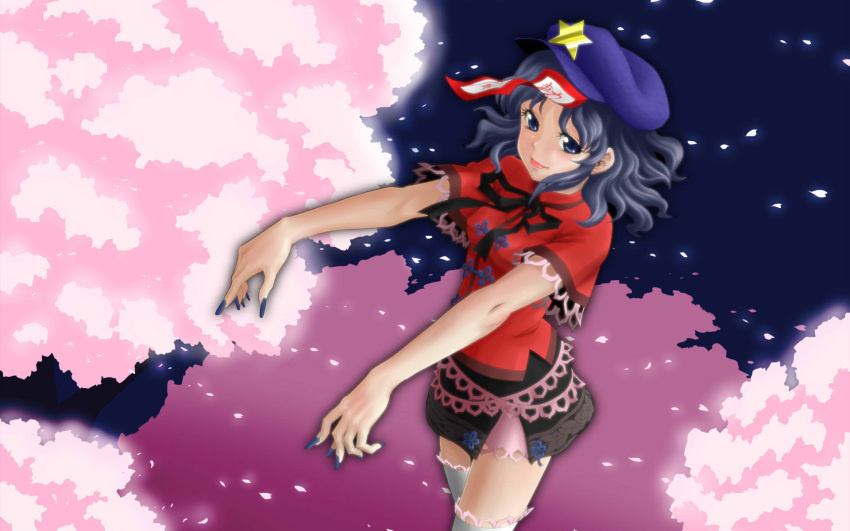 1920x1200 blue_eyes blue_hair blush cherry_blossoms flower geung_si hat highres hop-step-jump jiangshi jpeg_artifacts miyako_yoshika ofuda open_mouth outstretched_arms pale_skin petals short_hair skirt smile solo star tongue touhou tree wallpaper zombie_pose
