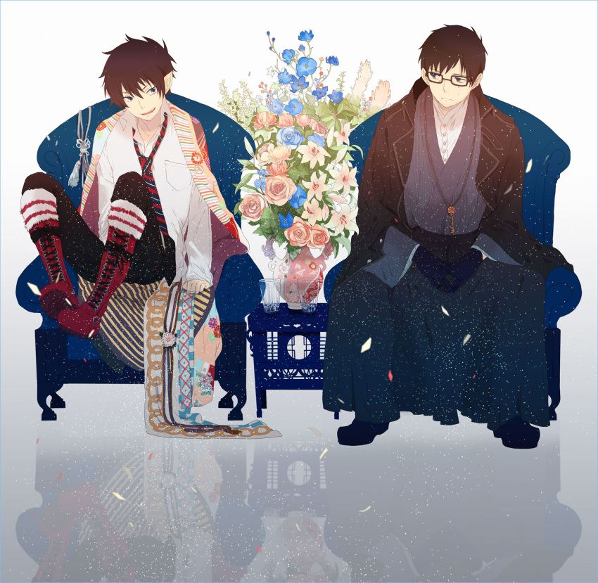 ao_no_exorcist black_hair blue_eyes boots brothers confetti fang glass glasses gloves highres japanese_clothes male mole multiple_boys necktie oka_(a.m.) okumura_rin okumura_yukio open_mouth petals pointy_ears short_hair siblings sitting smile striped striped_necktie