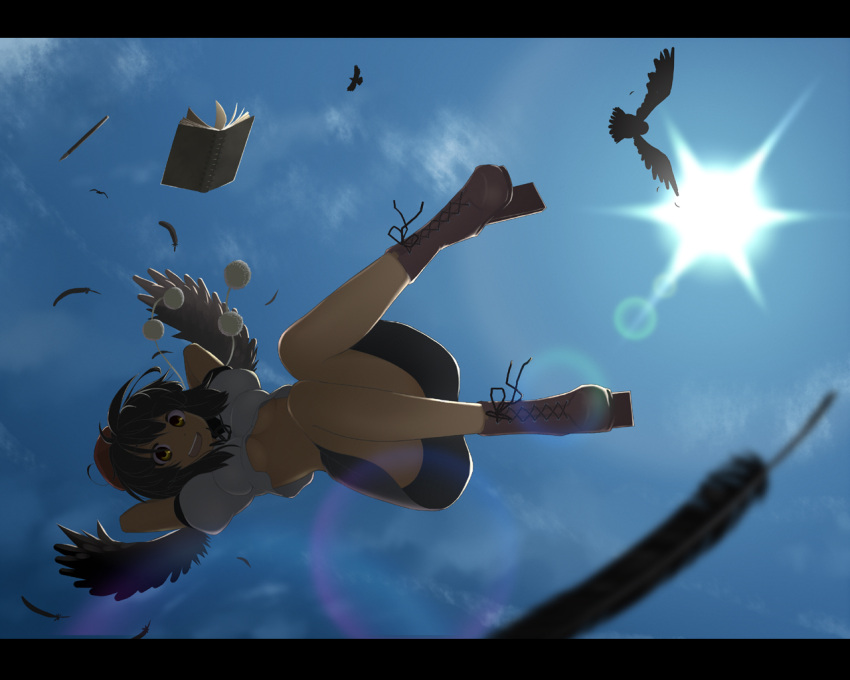 1girl :d arms_behind_head bird black_hair blurry book boots breasts convenient_leg cross-laced_footwear depth_of_field feathers flying geta kuro_oolong lace-up_boots lens_flare letterboxed looking_at_viewer midriff no_bra open_mouth shameimaru_aya short_hair sky smile solo sun tengu-geta touhou under_boob underboob wallpaper wings yellow_eyes