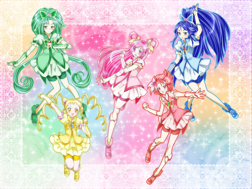 akimoto_komachi bike_shorts blonde_hair blue_eyes blue_hair boots brooch butterfly butterfly_hair_ornament cure_aqua cure_dream cure_lemonade cure_mint cure_rouge curly_hair flower gloves green_eyes green_hair hair_ornament hairpin happy highres jewelry kagami_chihiro kasugano_urara long_hair magical_girl minazuki_karen multiple_girls natsuki_rin open_mouth pink_eyes pink_hair pink_rose ponytail precure red_eyes red_hair redhead rose shoes short_hair shorts_under_skirt skirt smile sparkle twintails yellow_eyes yes!_precure_5 yumehara_nozomi