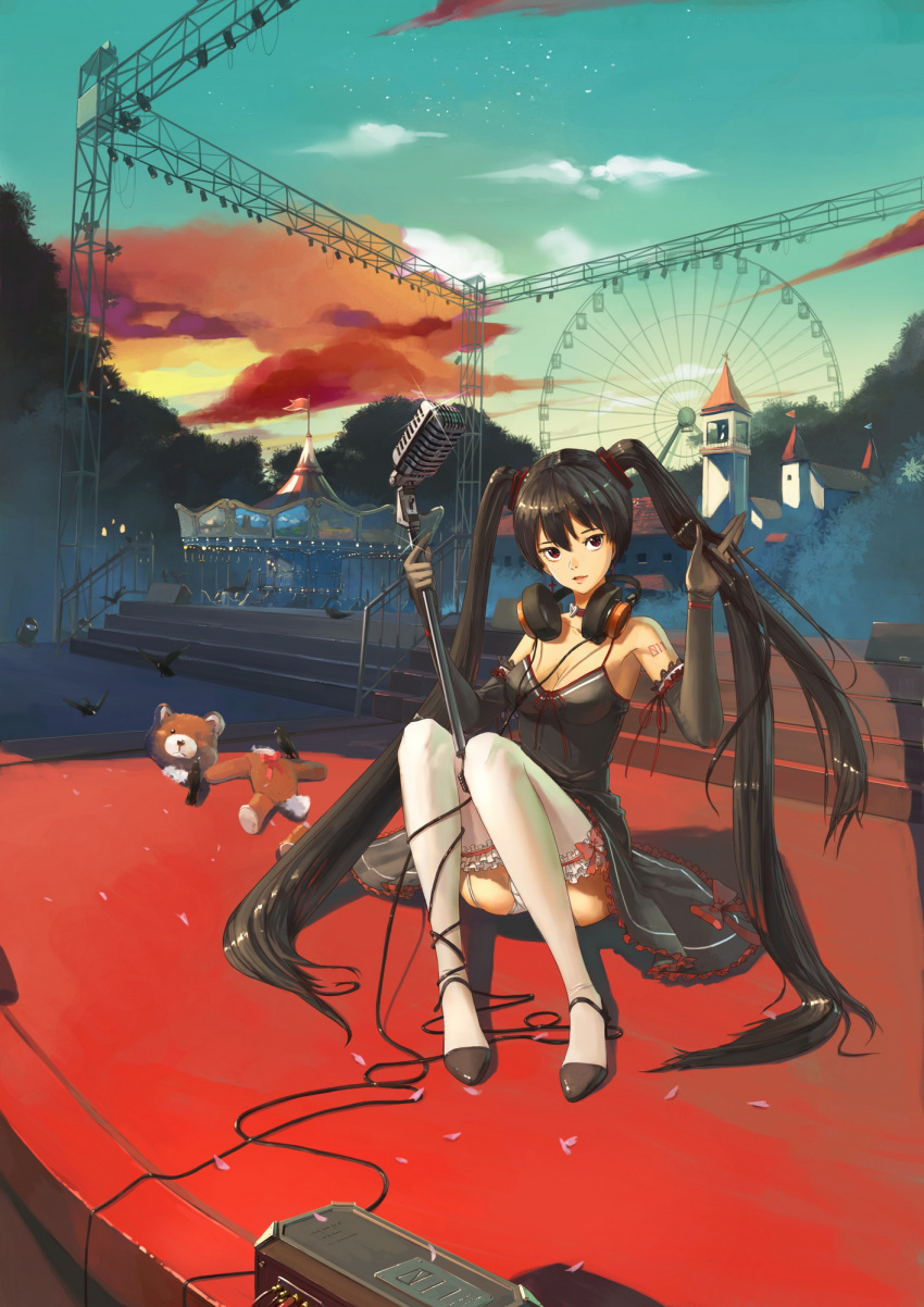 black_hair breasts cable choker cleavage elbow_gloves ferris_wheel frilled_legwear gloves hatsune_miku headphones highres jeanex long_hair microphone microphone_stand panties red_eyes sitting stage stuffed_animal stuffed_toy thighhighs twintails underwear very_long_hair vocaloid white_panties zatsune_miku