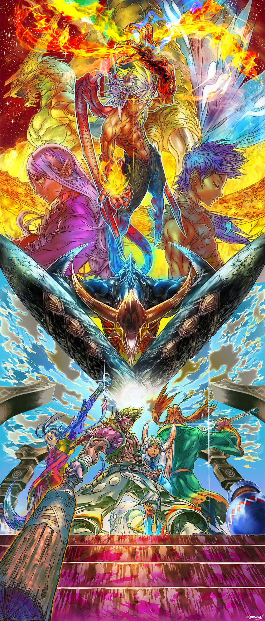 absurdres angel_wings animal_ears background bare_shoulders battle belt blonde_hair blue_eyes blue_hair breath_of_fire breath_of_fire_iv brown_eyes buckle circlet clenched_teeth cray_(breath_of_fire) dragon dress ershin everyone eyeshadow facial_mark fire fou-lu fox_tail furry glowing glowing_eyes gun hair_ornament highres horns kaiser_dragon l-dawb long_image makeup midriff muscle nina_(breath_of_fire_iv) open_mouth pale_skin robe ryuu_(breath_of_fire_iv) scias standing sword tail tall_image tan tiger_tail ursula weapon white_wings wings