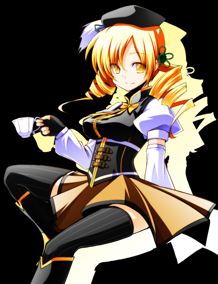 alternate_costume beret blonde_hair boots breasts corset cup detached_sleeves drill_hair engo_(aquawatery) fingerless_gloves gloves hair_ornament hat highres magical_girl mahou_shoujo_madoka_magica pleated_skirt skirt smile solo taut_shirt teacup thigh-highs thighhighs tomoe_mami yellow_eyes