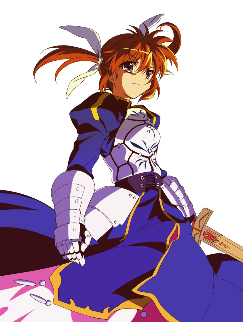 armor armored_dress blue_eyes bow brown_hair cosplay dress excalibur fate/stay_night fate_(series) gaogaigar-final gauntlets hair_bow hair_ornament highres lyrical_nanoha mahou_shoujo_lyrical_nanoha narusemi parody puffy_sleeves purple_eyes saber saber_(cosplay) solo style_parody sword takamachi_nanoha twintails weapon white_background
