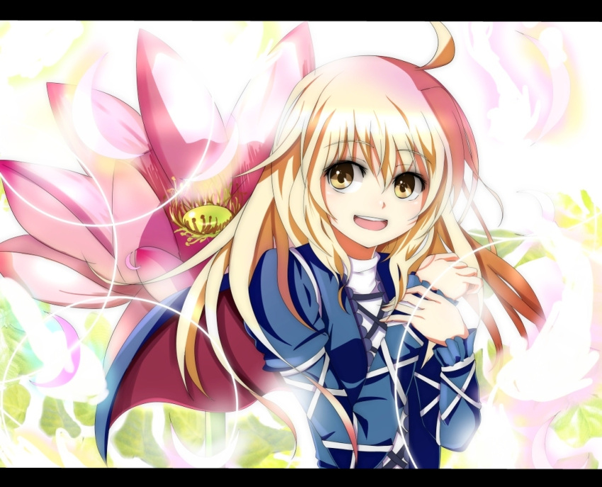 ahoge arm_ribbon blue_dress capelet dress flower gradient_hair hands_on_own_chest hands_to_chest hijiri_byakuren letterboxed multicolored_hair open_mouth petals ribbon smile solo touhou velia yellow_eyes