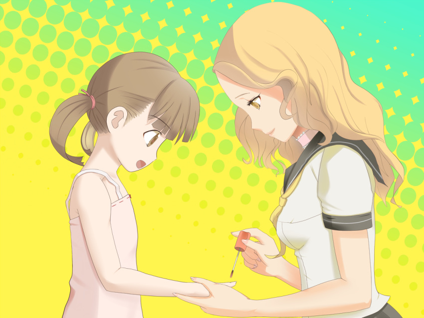 age_difference battlegaregga blonde_hair brown_eyes brown_hair choker doujima_nanako ebihara_ai manicure multiple_girls nail_polish persona persona_4 school_uniform serafuku twintails