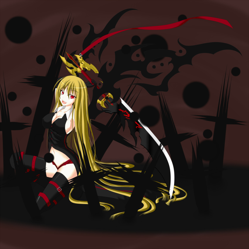 adult alternate_hair_length alternate_hairstyle blonde_hair boots breasts cleavage darkness ex-rumia fangs gmot highres large_breasts long_hair minami628 navel open_mouth red_eyes rumia shorts smile solo sword symbol-shaped_pupils the_embodiment_of_scarlet_devil thigh-highs thighhighs touhou very_long_hair weapon wings youkai