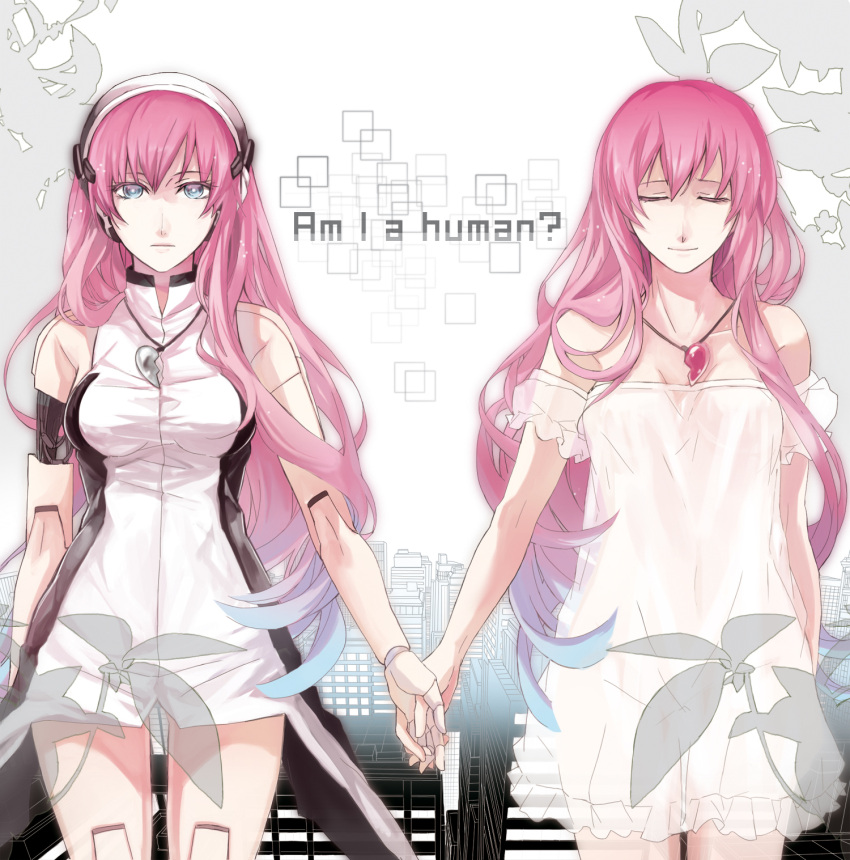 bad_id blue_eyes closed_eyes dress dual_persona eyes_closed hand_holding headphones highres holding_hands long_hair megurine_luka pink_hair rahwia robot_joints short_dress smile vocaloid white_dress