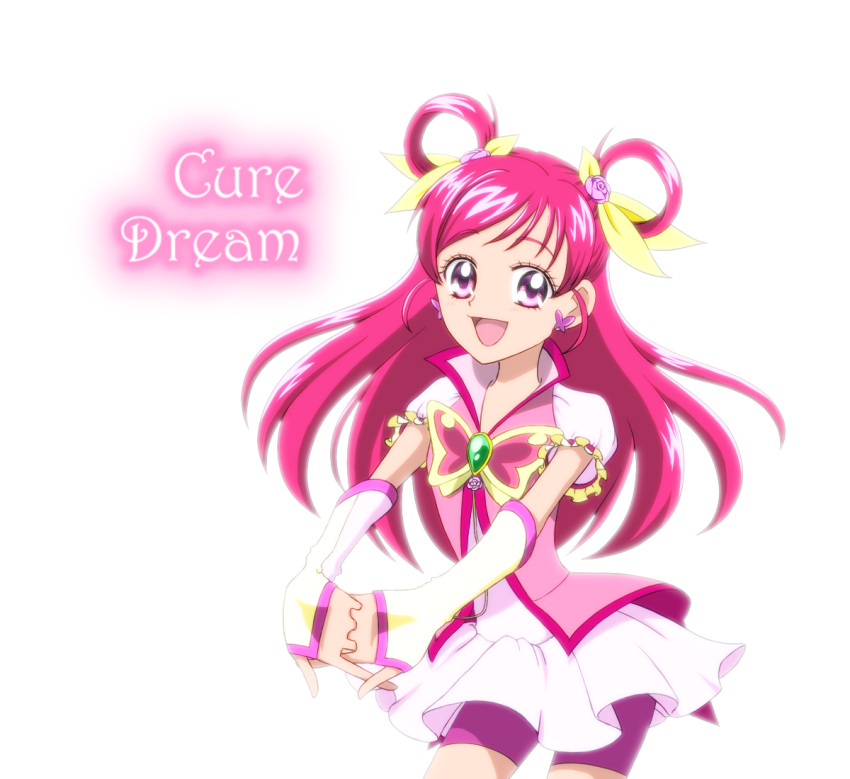 :d bike_shorts brooch butterfly character_name cure_dream dress earrings flower frills gloves hair_ribbon hair_rings happy jewelry long_hair magical_girl open_mouth pink_eyes pink_hair pink_rose precure ribbon riliri rose shorts_under_skirt smile solo white_background yes!_precure_5 yumehara_nozomi