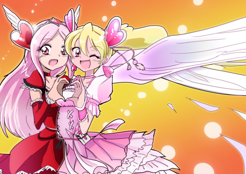 :d angel_wings blonde_hair bow choker cure_angel cure_passion cure_peach dress earrings fresh_precure! frills gou_hiromi hair_ornament hairpin happy heart heart_hands heart_hands_duo higashi_setsuna jewelry long_hair magical_girl momozono_love multiple_girls open_mouth pantyhose pink_eyes pink_hair precure ribbon side_ponytail smile tiara wings wink wrist_cuffs