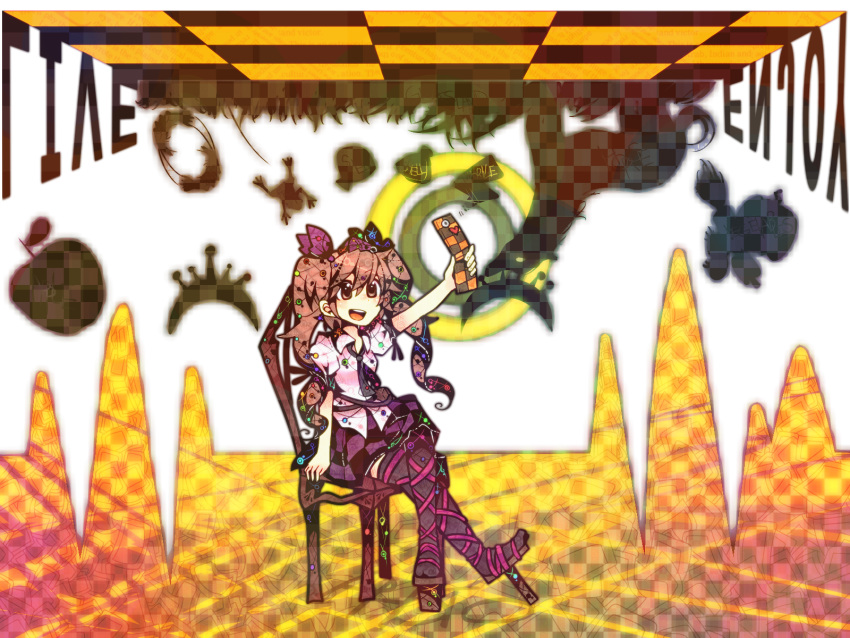 apple bad_id bag bow brown_eyes brown_hair cellphone chair checkered checkered_skirt food frog fruit geta grass hair_bow hat heart highres himekaidou_hatate necktie open_mouth phone ringetsumon shadow shell sitting skirt solo thigh-highs thighhighs tokin_hat touhou twintails upside-down