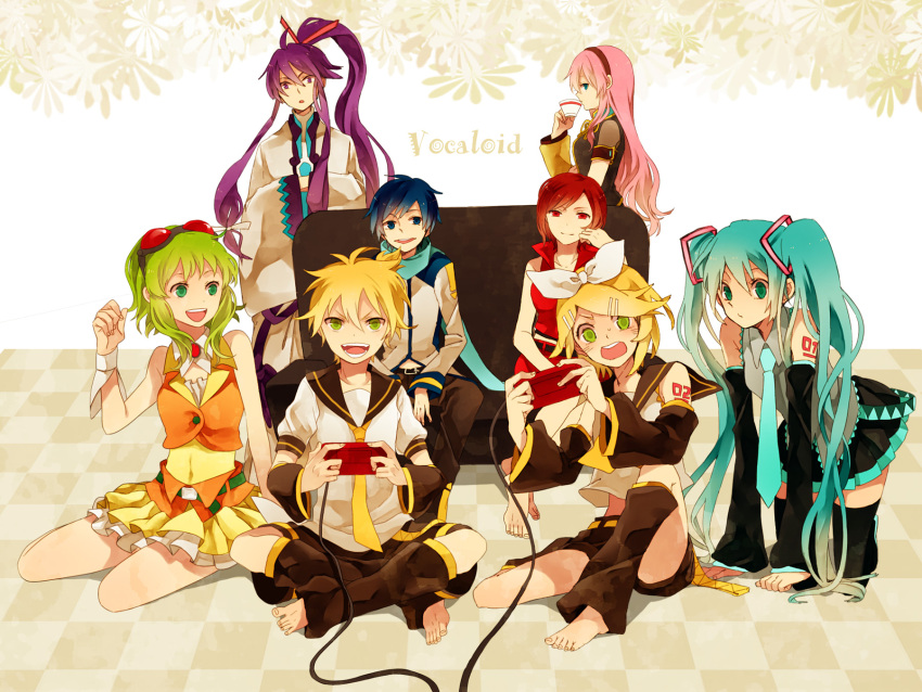 aqua_hair barefoot blonde_hair blue_eyes blue_hair brown_hair detached_sleeves green_eyes green_hair gumi hair_ornament hair_ribbon hairclip hatsune_miku highres kagamine_len kagamine_rin kaito kamui_gakupo long_hair megurine_luka meiko ono_(0_no) pink_hair playing_games purple_eyes purple_hair red_eyes ribbon short_hair shorts sitting skirt smile thigh-highs thighhighs twintails very_long_hair violet_eyes vocaloid zettai_ryouiki