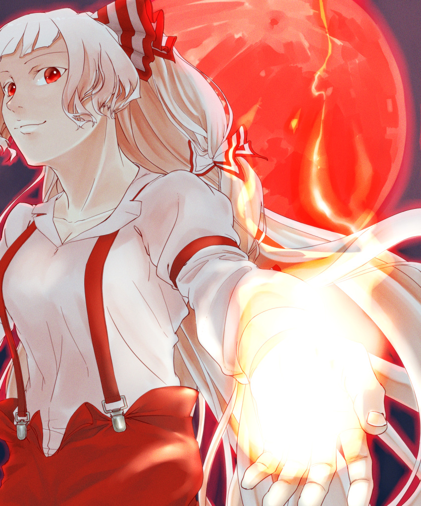 bad_id bow close-up fire fujiwara_no_mokou full_moon hair_bow hands highres hikarinoko long_hair looking_at_viewer looking_down moon outstretched_hand red_eyes red_moon smile solo suspenders touhou white_hair