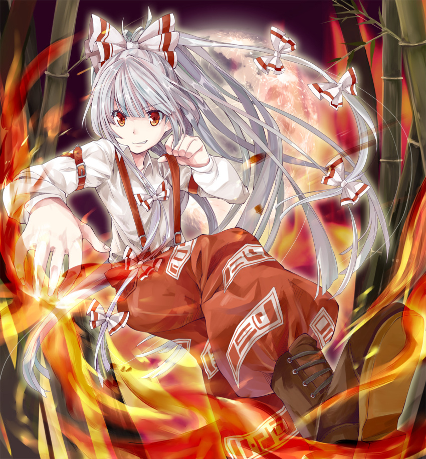 bamboo bow fire fujiwara_no_mokou grin hair_bow highres long_hair lunica moon pants ponytail red_eyes shoes smile solo suspenders touhou white_hair