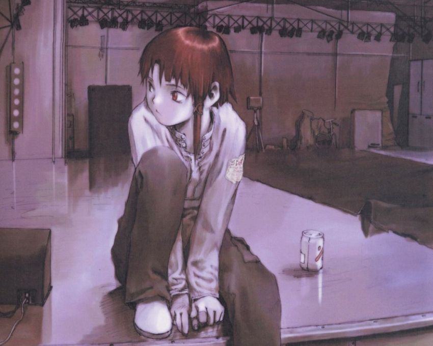 abe_yoshitoshi brown_eyes brown_hair can casual drum drum_set instrument iwakura_lain looking_back serial_experiments_lain sitting speaker stage stage_lights
