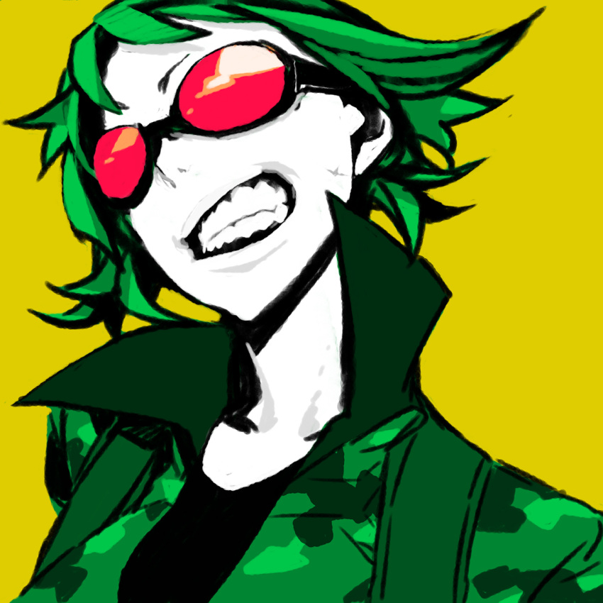 bokura_no_16bit_warz_(vocaloid) bust camouflage goggles green_hair gumi miwa_shirou miwa_shirow pale_skin short_hair simple_background solo teeth vocaloid