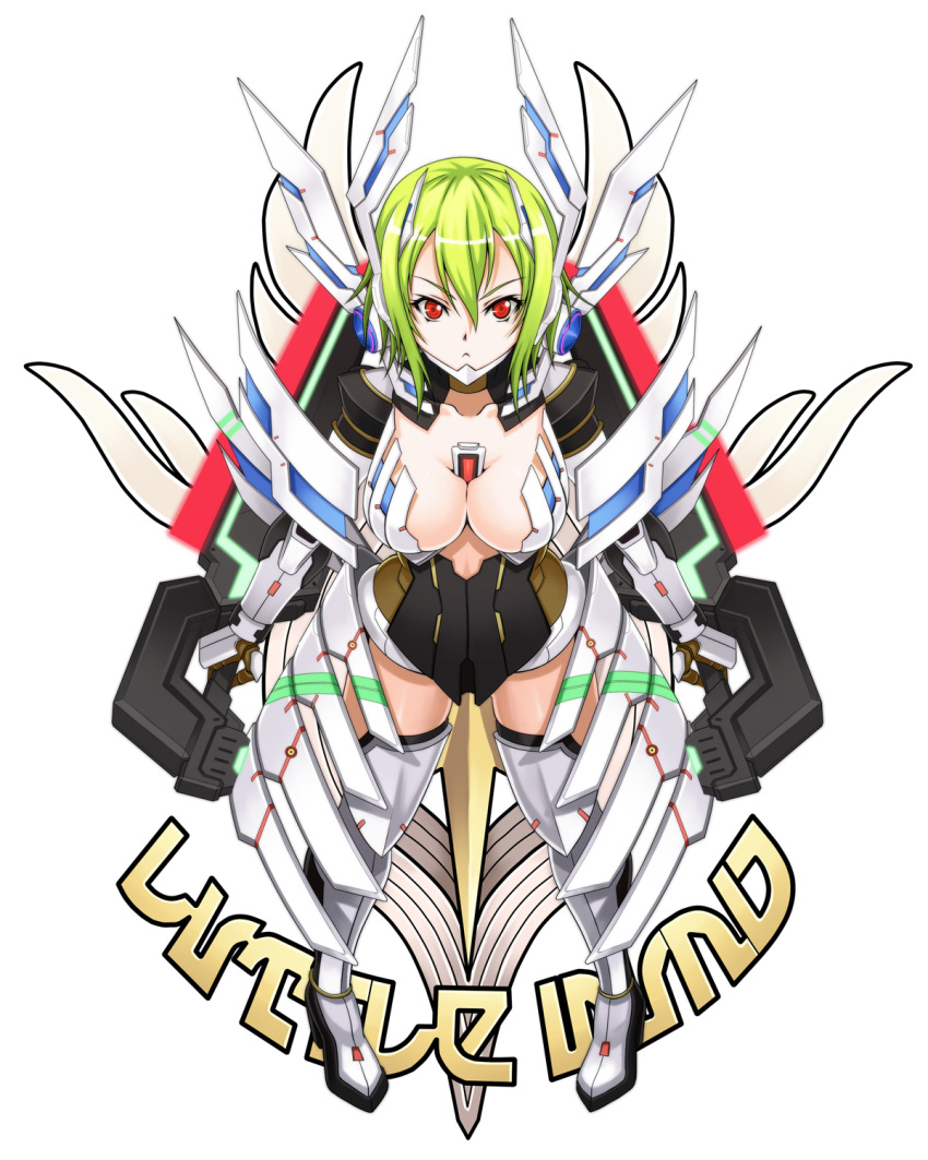 :&lt; anklet between_breasts blonde_hair boots breasts character_request collarbone dual_wielding eternal_form green_hair highres huge_weapon jewelry phantasy_star phantasy_star_portable_2_infinity pigeon-toed pigeon_toed red_eyes short_hair shunzou simple_background solo sword thigh-highs thigh_boots thighhighs weapon