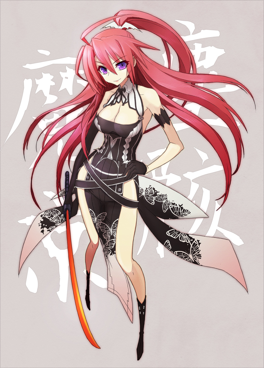 boots breasts cleavage dougan_calpis_con gloves hand_on_hip highleg highres hips ignis jingai_makyou long_hair nitroplus ponytail purple_eyes red_hair redhead solo sword violet_eyes weapon