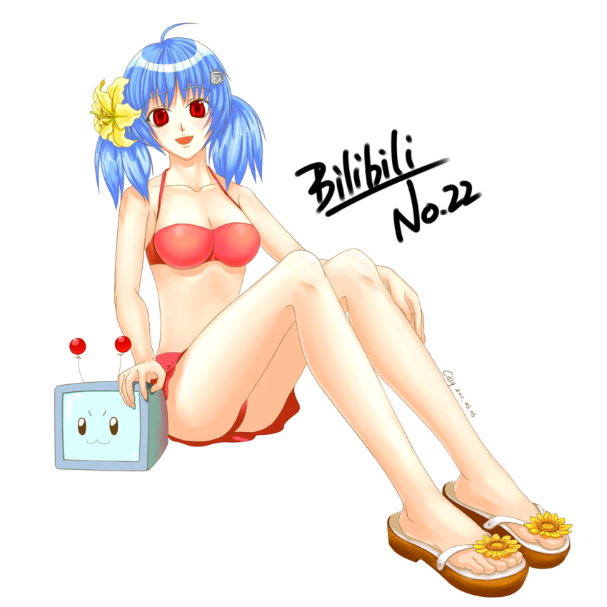 :3 ahoge alternate_hairstyle antennae bikini bili_bili_douga bili_girl_22 blue_hair breasts cissy cleavage flower flower_on_head frilled_swimsuit frills hair_ornament highres long_hair mascot open_mouth red_eyes red_swimsuit sandals signature simple_background sitting solo swimsuit television twintails