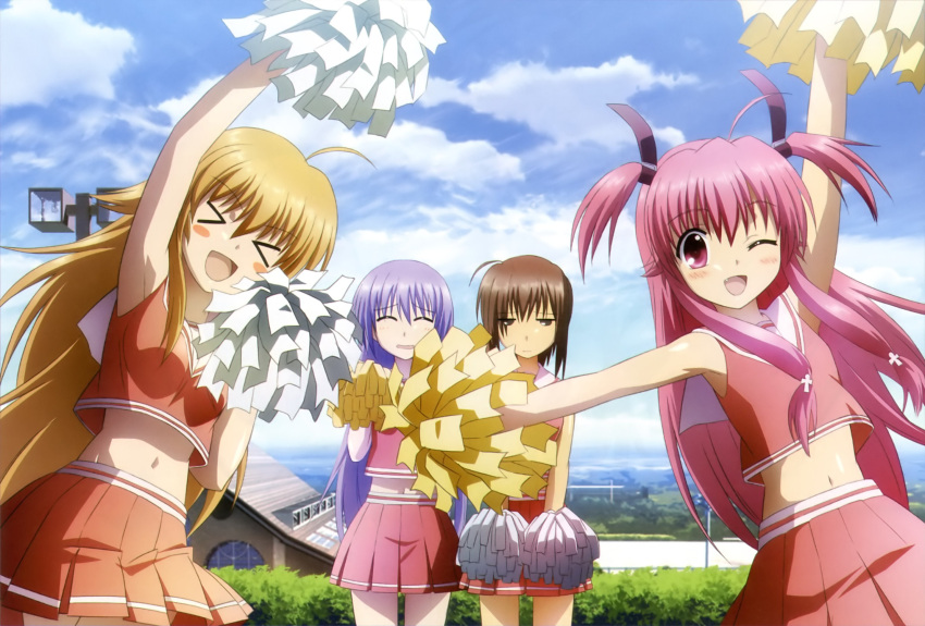 &gt;_&lt; ahoge angel_beats! arm_up armpits blush blush_stickers breasts brown_eyes brown_hair cheerleader closed_eyes cloud clouds cross detexted eyes_closed fang hashimoto_hiroyuki highres hisako_(angel_beats!) irie_(angel_beats!) long_hair multiple_girls open_mouth outdoors outside pink_eyes pink_hair pom_poms sekine short_twintails sky twintails very_long_hair wink yui_(angel_beats!)