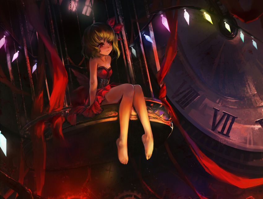 alternate_costume bare_shoulders barefoot blonde_hair breasts cage cleavage clock corset dress flandre_scarlet no_hat no_headwear red_eyes s.advent short_hair side_ponytail sitting solo touhou wings