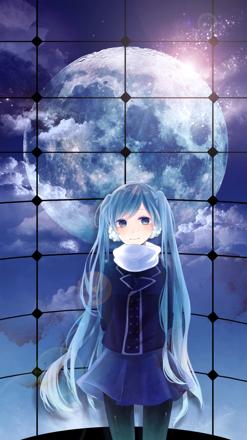 1girl absurdres arms_behind_back bad_id black_legwear blue_eyes blue_hair cloud clouds earmuffs full_moon hatsune_miku highres ichinose_(sorario) jacket lens_flare light_smile long_hair moon night night_sky pantyhose scarf sky solo twintails vocaloid window winter_clothes