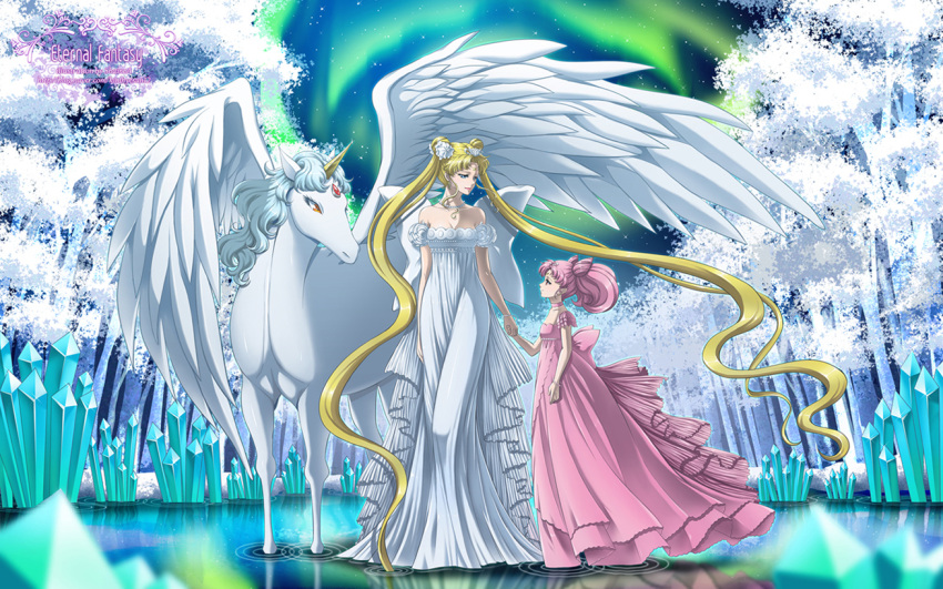 age_difference aqua_background bishoujo_senshi_sailor_moon blonde_hair bow chibi_usa child choker crystal double_bun dress hair_ornament hairpin hand_holding helios holding_hands horn horse jewelry long_hair mother_and_daughter multiple_girls necklace pegasus pegasus_(sailor_moon) pink_dress pink_hair princess princess_serenity ribbon shainea short_hair small_lady_serenity smile tsukino_usagi twintails water white_dress wings