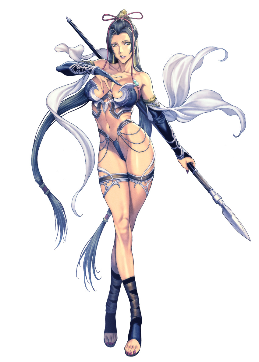 breasts bridal_gauntlets cleavage copyright_request earrings headdress highres hips homare_(fool's_art) jewelry large_breasts legs long_hair long_legs mound_of_venus nail_polish navel polearm sash simple_background slender_waist solo spear standing thighs toes very_long_hair weapon yellow_eyes