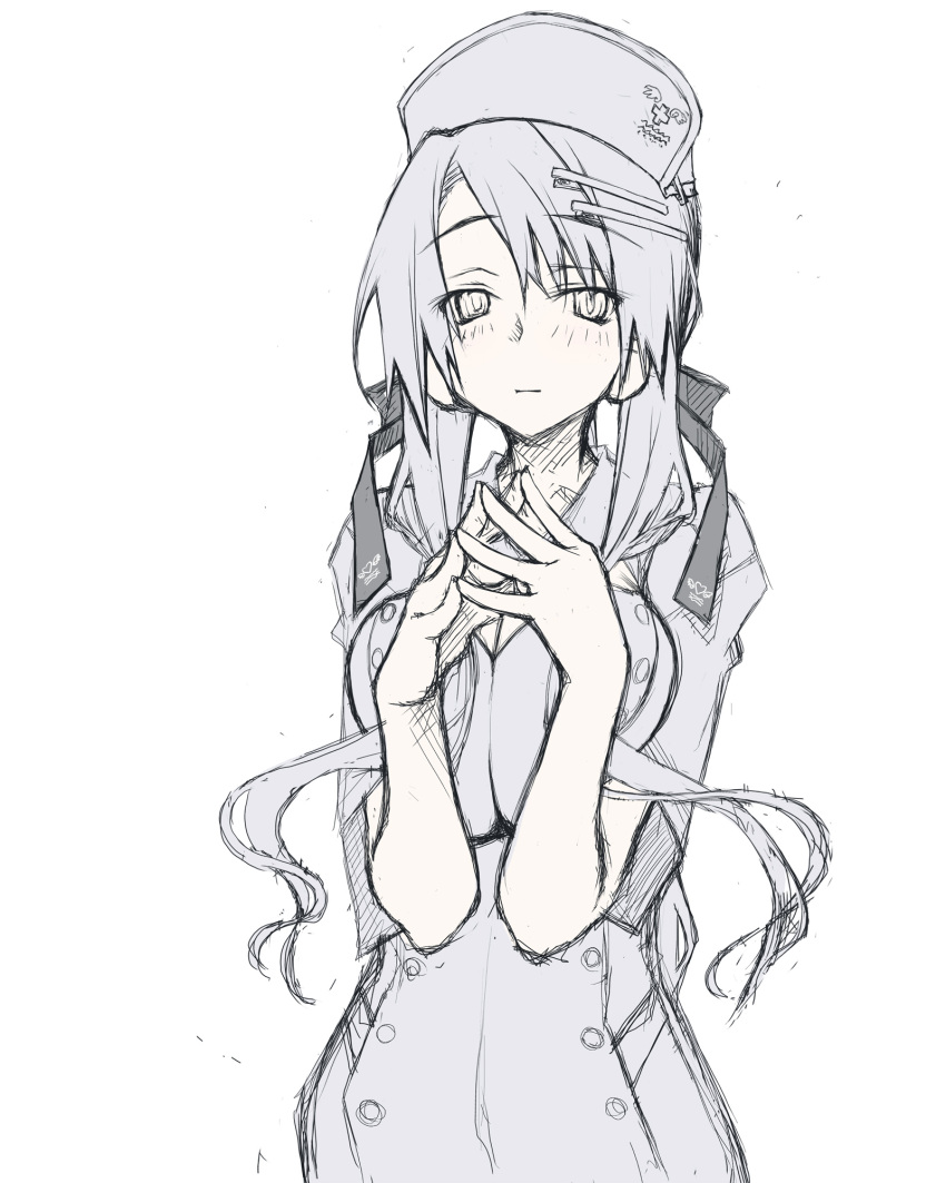 dress hair_ornament hairclip hands_together hat highres long_hair looking_at_viewer monochrome nurse nurse_cap original sakuya_tsuitachi simple_background sketch smile solo