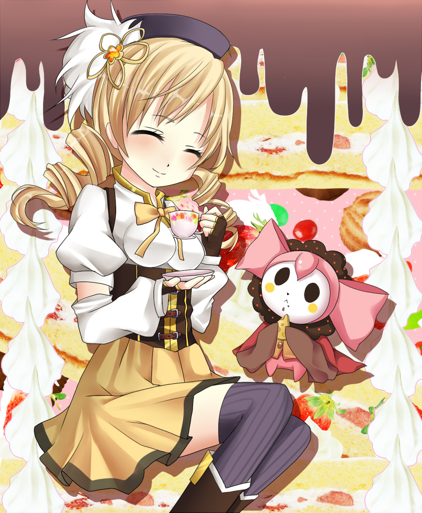 beret black_legwear blonde_hair boots bow cake charlotte_(madoka_magica) cheese closed_eyes corset creature cup detached_sleeves dress drill_hair eyes_closed fingerless_gloves food fruit gloves harukaruha hat highres long_hair mahou_shoujo_madoka_magica ribbon sitting smile strawberry teacup thigh-highs thighhighs tomoe_mami twintails vertical-striped_legwear vertical_stripes