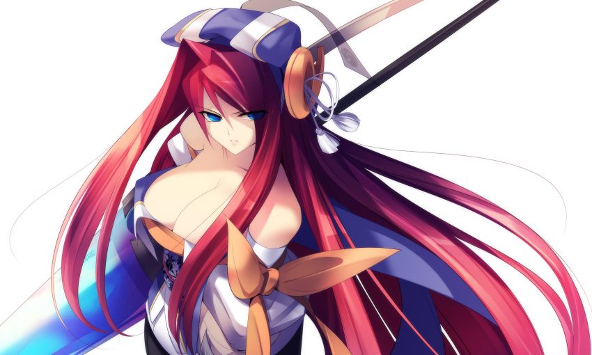 blue_eyes bow breasts cleavage dragonmaterial hat highres large_breasts long_hair red_hair redhead sengoku_hime sengoku_hime_3 solo yuuki_harumoto_(sengoku_hime) yuuki_harutomo_(sengoku_hime)