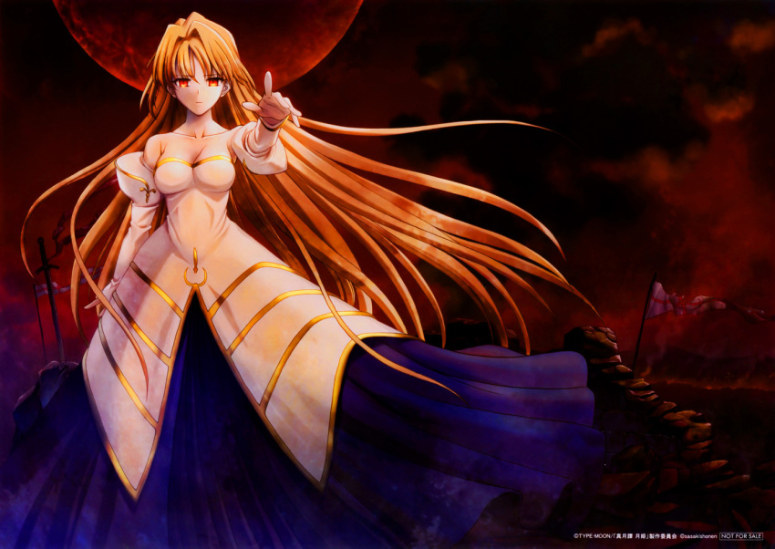 arcueid_brunestud artist_request bare_shoulders blonde_hair breasts cleavage detached_sleeves dress flag full_moon long_hair moon outstretched_hand red_eyes sasaki_shounen strapless_dress sword tsukihime very_long_hair weapon