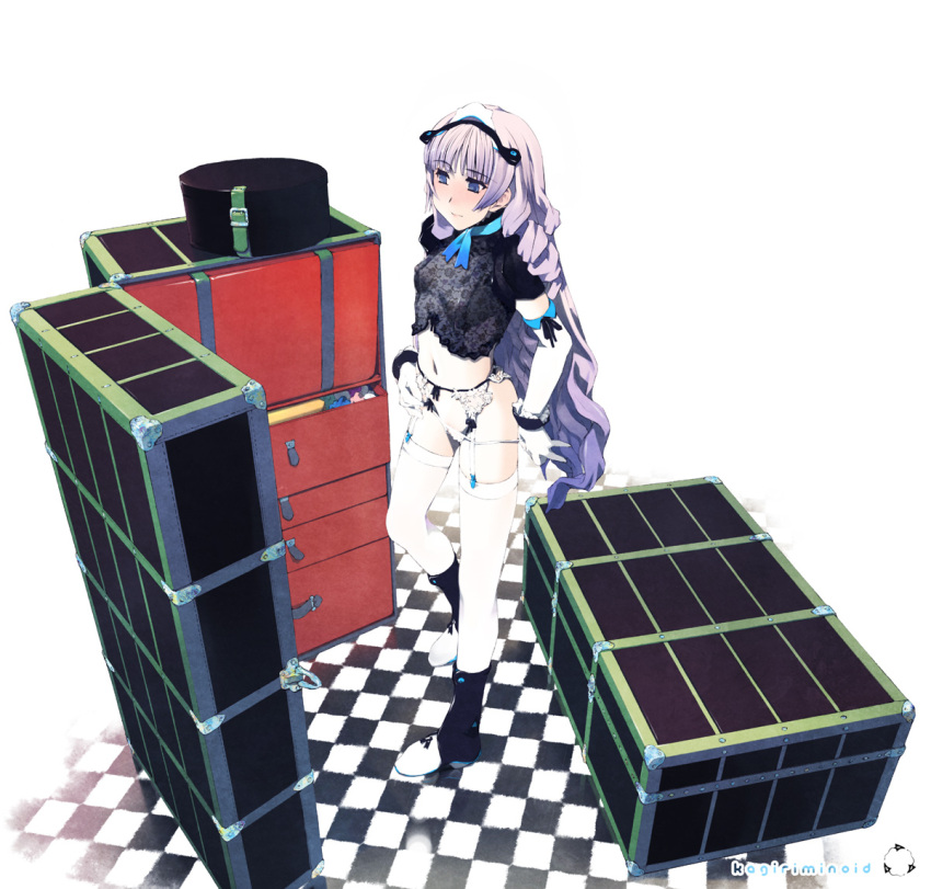 blush boots bow checkered checkered_floor garter_straps gloves lips long_hair midriff navel original panties smile solo suit_case suitcase takano_kou thigh-highs thighhighs tiara underwear white_hair white_legwear zettai_ryouiki