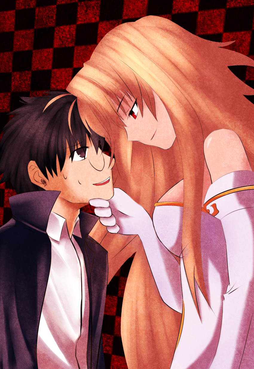archetype_earth arcueid_brunestud bare_shoulders black_eyes black_hair blonde_hair breasts catmoonshiki checkerboard_background checkered checkered_background cleavage detached_sleeves dress elbow_gloves glasses gloves highres long_hair male open_mouth red_eyes short_hair strapless_dress sweatdrop toono_shiki tsukihime very_long_hair
