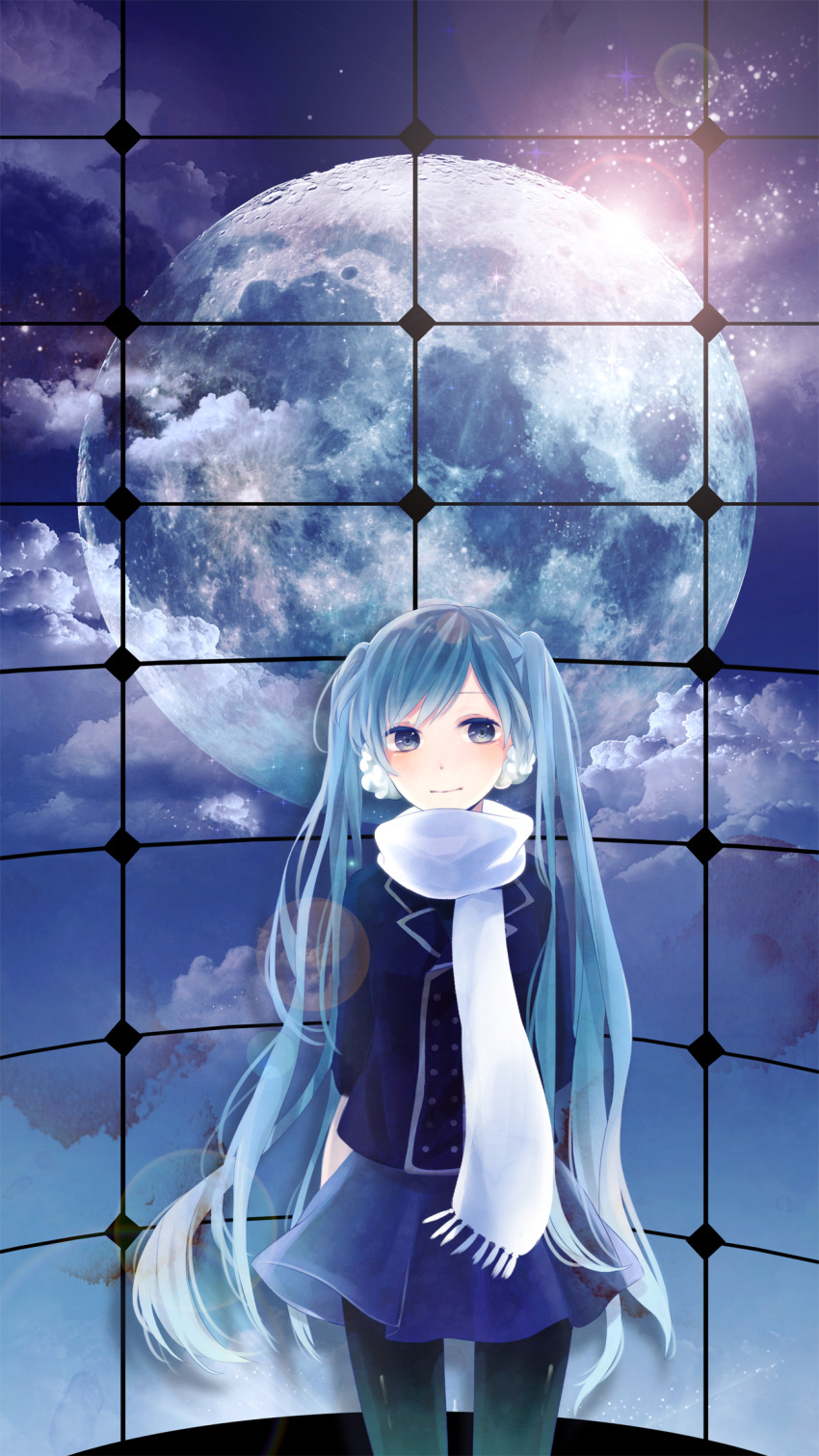 1girl arms_behind_back black_legwear blue_eyes blue_hair cloud clouds earmuffs full_moon hatsune_miku highres ichinose_(sorario) jacket lens_flare light_smile long_hair moon night night_sky pantyhose revised revision scarf sky solo twintails vocaloid window winter_clothes