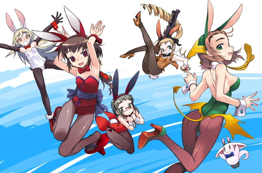 :3 :d animal_ears armpits ass bad_id blonde_hair bowtie breasts brown_eyes brown_hair bunny_ears bunny_tail bunnysuit china_lake creature drill_hair elbow_gloves eyebrows flat_chest freckles geta glasses gloves green_eyes grenade_launcher grin gun high_heels highres long_hair looking_back multiple_girls nakamura_tetsuya necktie open_mouth orange_eyes original pantyhose ponytail red_eyes shoes short_hair sideboob silver_hair smile tail vest weapon wrist_cuffs zipper