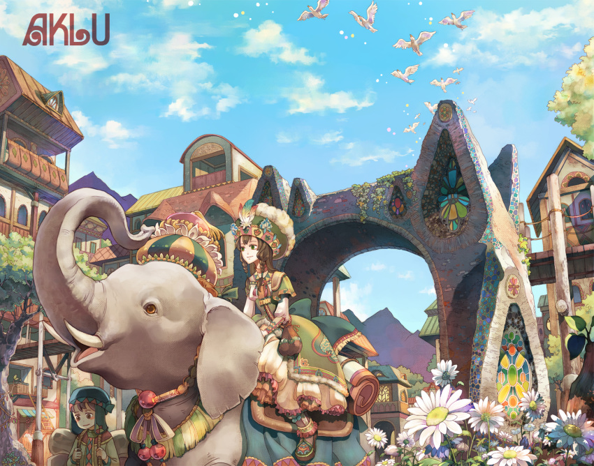 aklu animal bird blush brown_eyes brown_hair character_request city clouds daisy dove dress elephant flower green_eyes hat sitting sky smile stained_glass