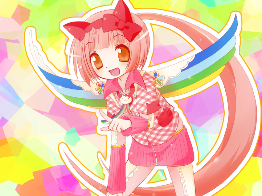 :d bent_over bow cat_ears hello_kitty long_hair long_sleeves nekomura_iroha pink_hair ponytail rainbow rainbow_background skirt smile tagme vocaloid wings