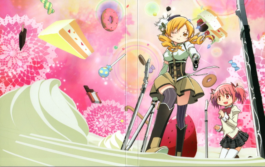 absurdres aiming beret biscuit blonde_hair boots brown_legwear cake candle candy chocolate chocolate_bar cookie corset cover cream crease detached_sleeves doughnut drill_hair dual_wielding dvd_cover food fruit gun hair_ornament hair_ribbon hairpin hat highres kaname_madoka kishida_takahiro knee_boots lollipop long_hair magical_girl magical_musket mahou_shoujo_madoka_magica multiple_girls musket official_art pastry pink_hair pleated_skirt popsicle puffy_sleeves reference_work ribbon rifle scan school_uniform short_twintails skirt strawberry sweets thigh-highs thighhighs tomoe_mami twin_drills twintails vertical-striped_legwear vertical_stripes weapon whipped_cream wink yellow_eyes zettai_ryouiki