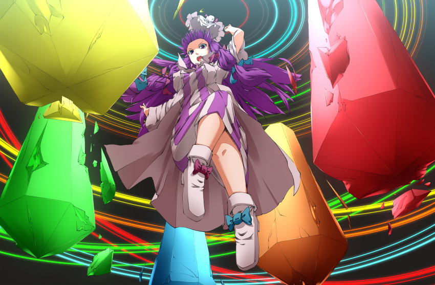 action cloak crescent crystal floating from_below hat hat_removed headwear_removed highres hullzion long_hair patchouli_knowledge purple_hair shoes solo touhou
