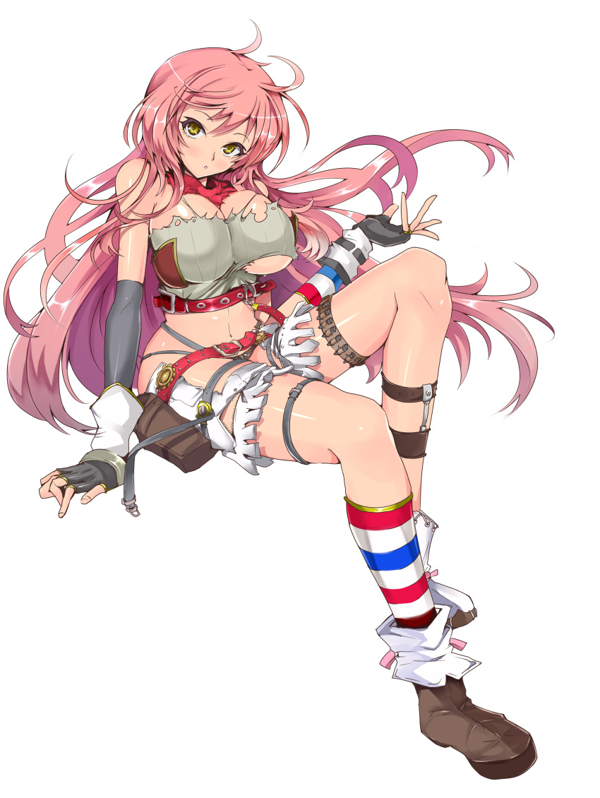 artist_request breasts copyright_request elbow_gloves fingerless_gloves fringe gloves highres kasai_shin large_breasts long_hair midriff navel pink_hair solo striped striped_legwear thigh_strap torn_clothes under_boob underboob yellow_eyes zipper