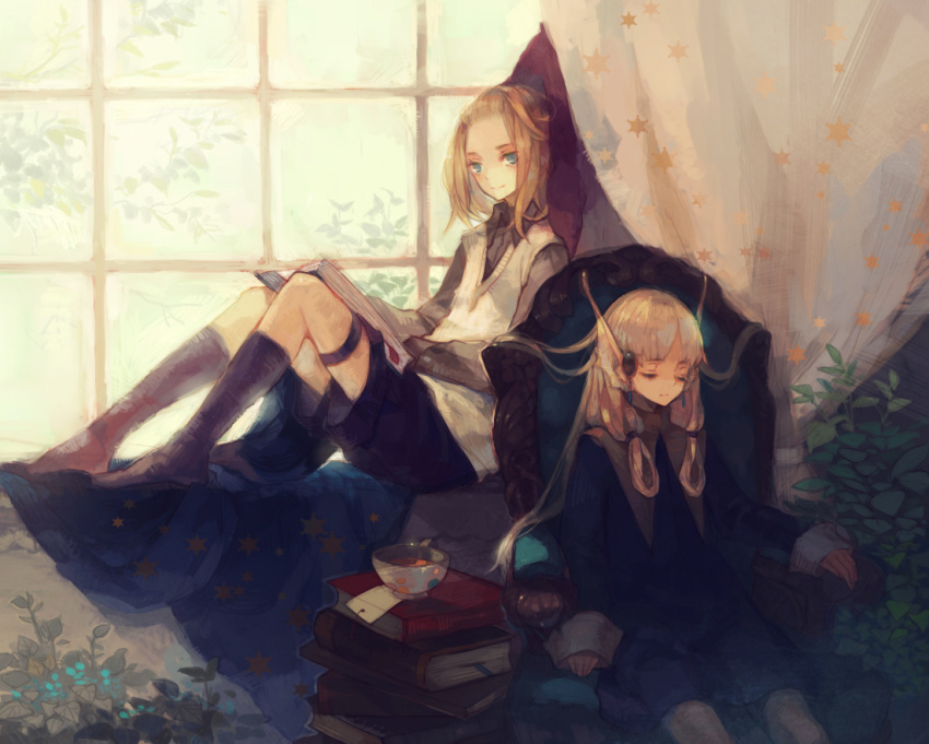 artist_request blonde_hair blue_eyes book bowl chair character_request closed_eyes long_hair plant series_request sitting smile source_request vest window